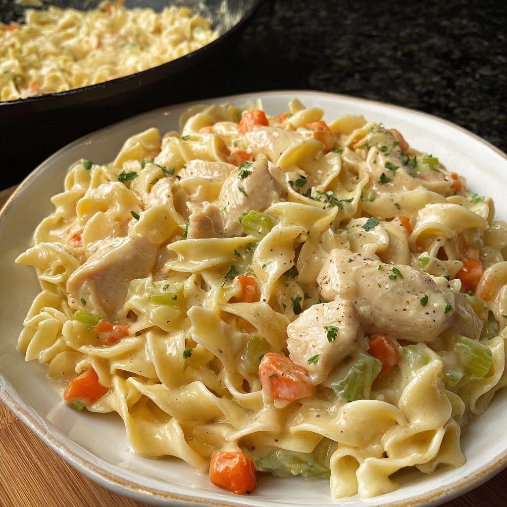A plate of creamy chicken and noodles.
