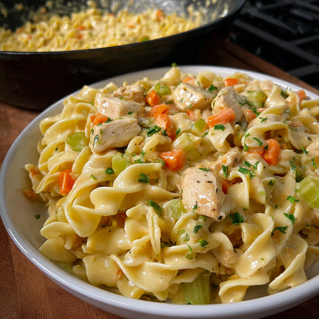 A white bowl filled with creamy chicken and noodles.