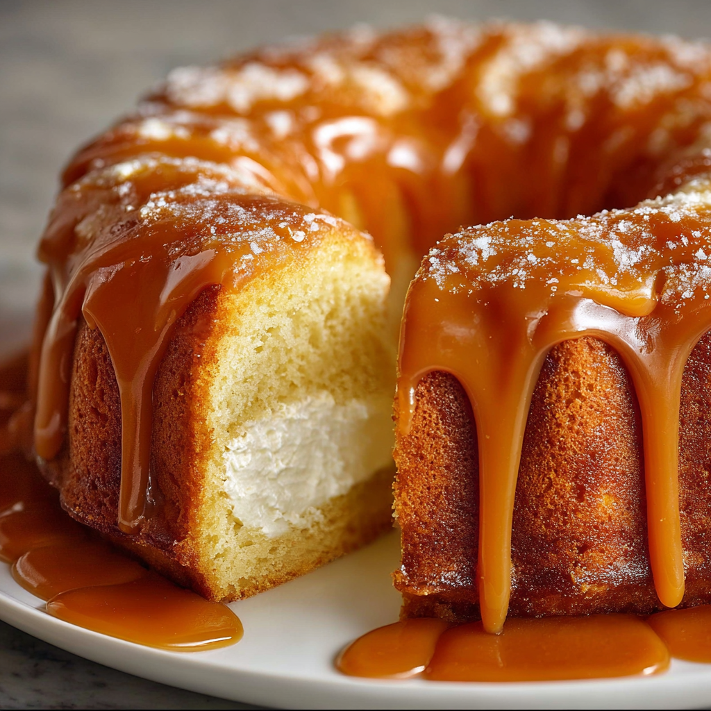 A slice of caramel cream cheese pound cake.