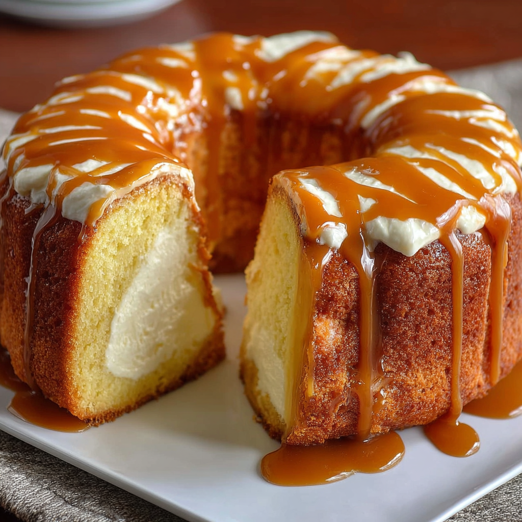 A slice of caramel cream cheese pound cake.