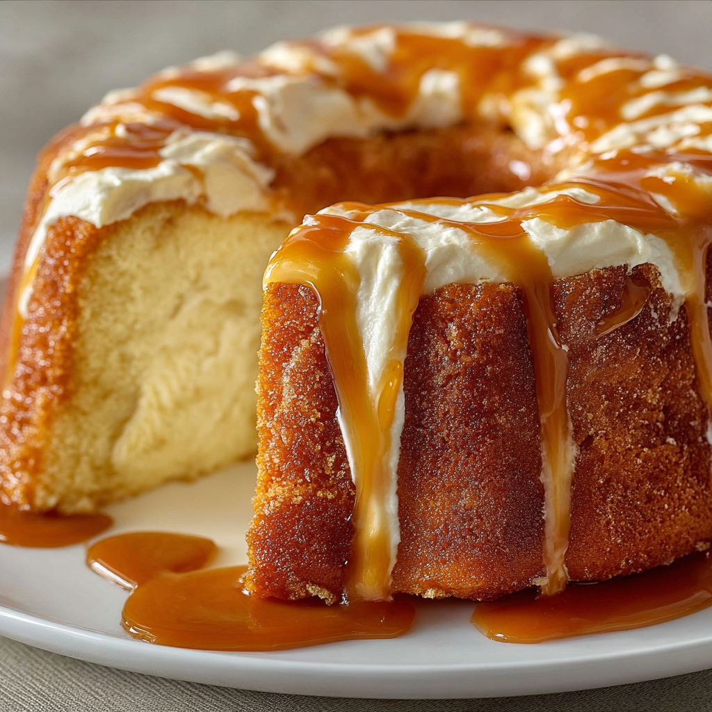 A slice of caramel cream cheese pound cake.