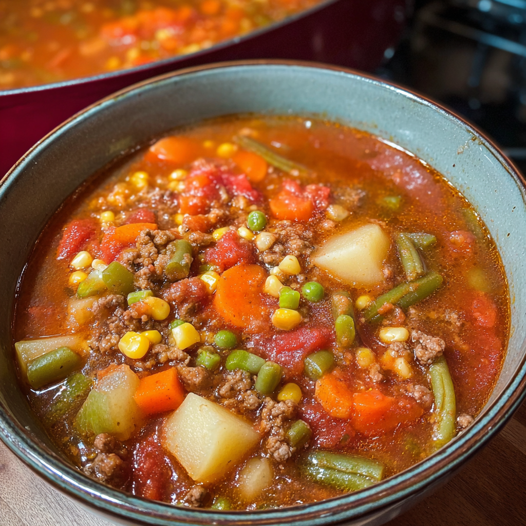 A bowl of soup with vegetables and meat.