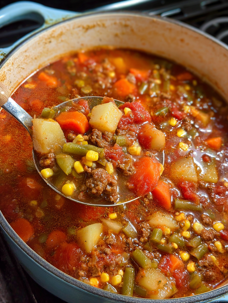A spoon is in a bowl of soup.