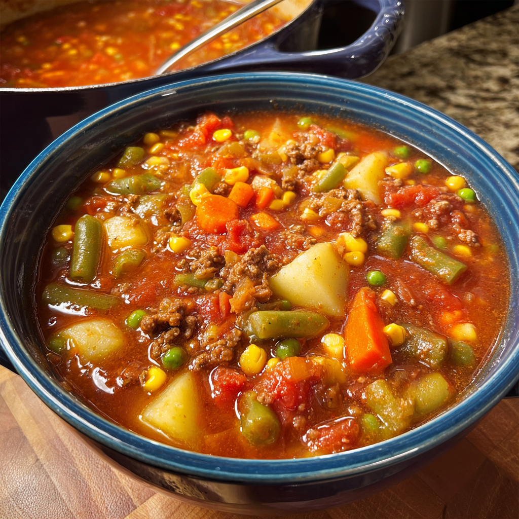 A bowl of soup with vegetables and meat.