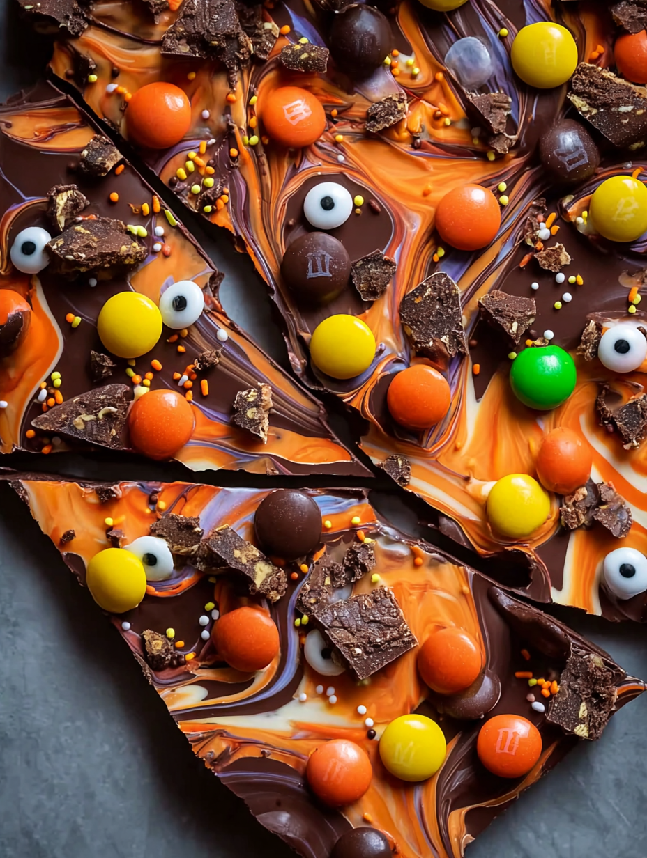A close up of a Halloween chocolate bark with M&Ms and spooky sweets.