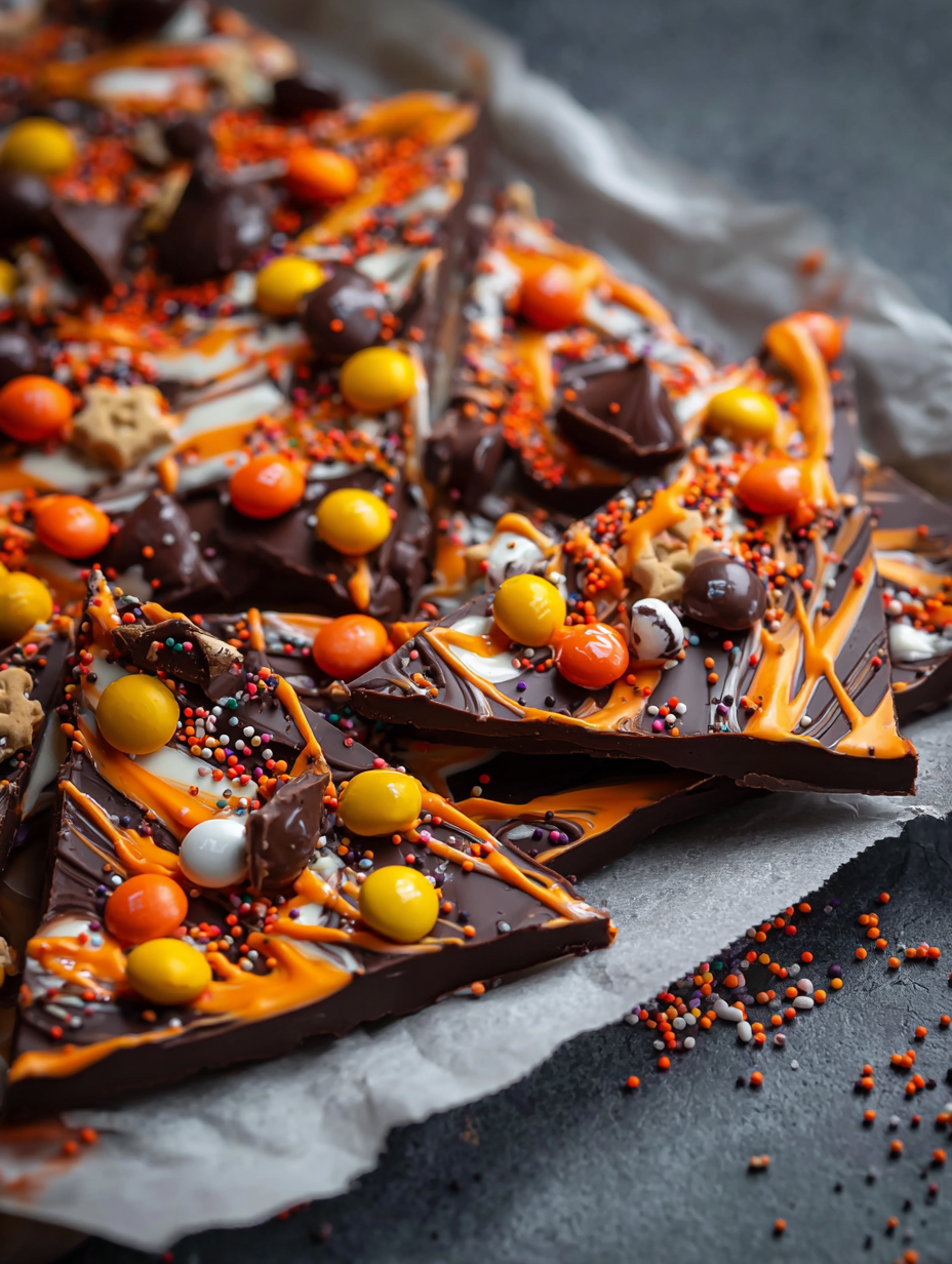 A close up of a Halloween chocolate bark with M&Ms and spooky sweets.
