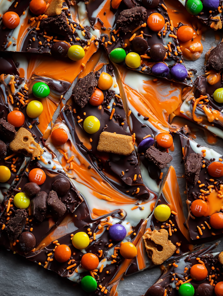 A close up of a Halloween chocolate bark with M&Ms and spooky sweets.