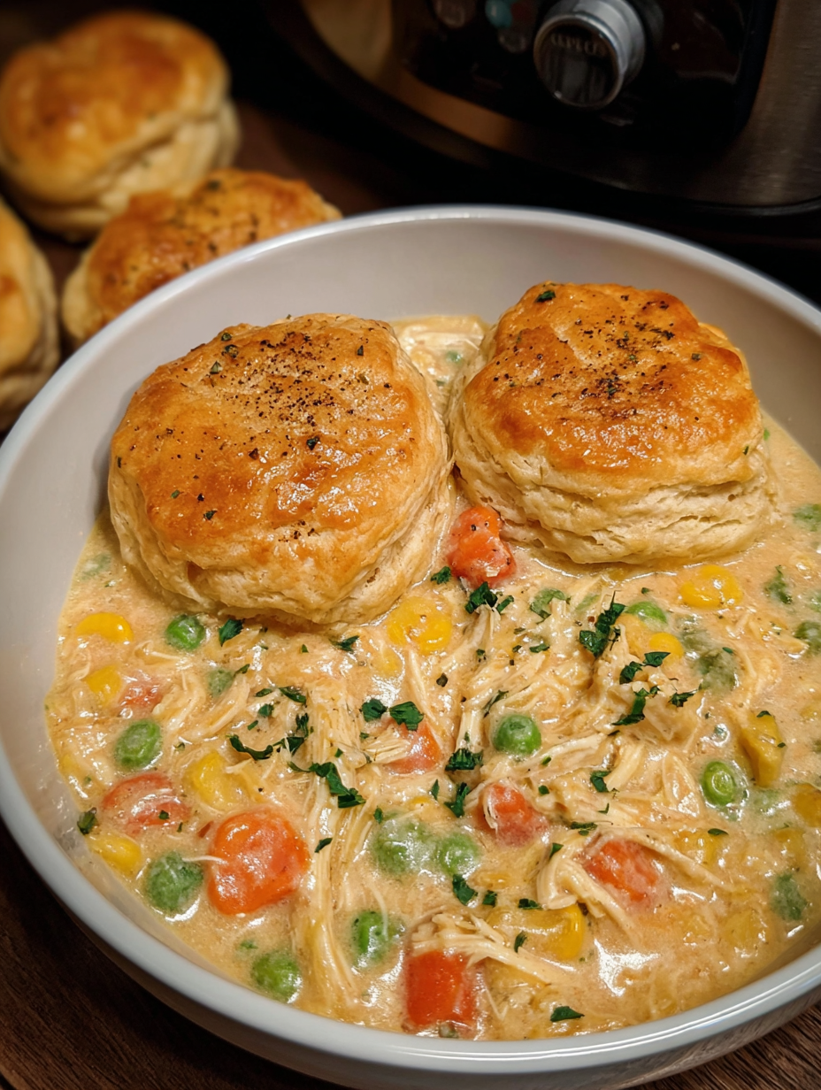 A bowl of chicken pot pie with biscuits on top.