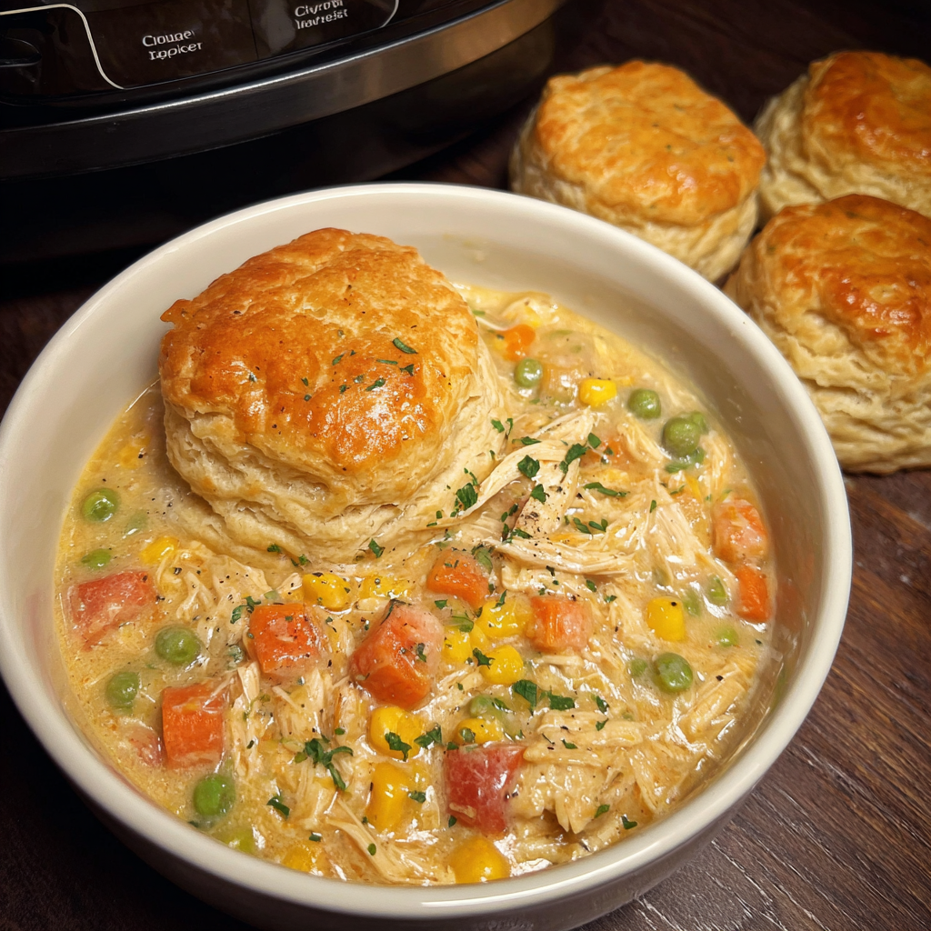 A bowl of chicken pot pie with biscuits on the side.