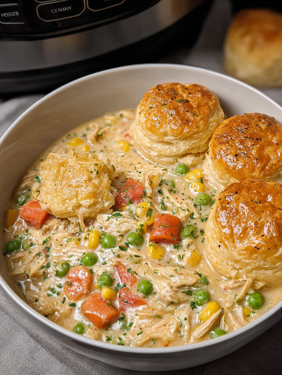 A bowl of chicken pot pie with biscuits on top.
