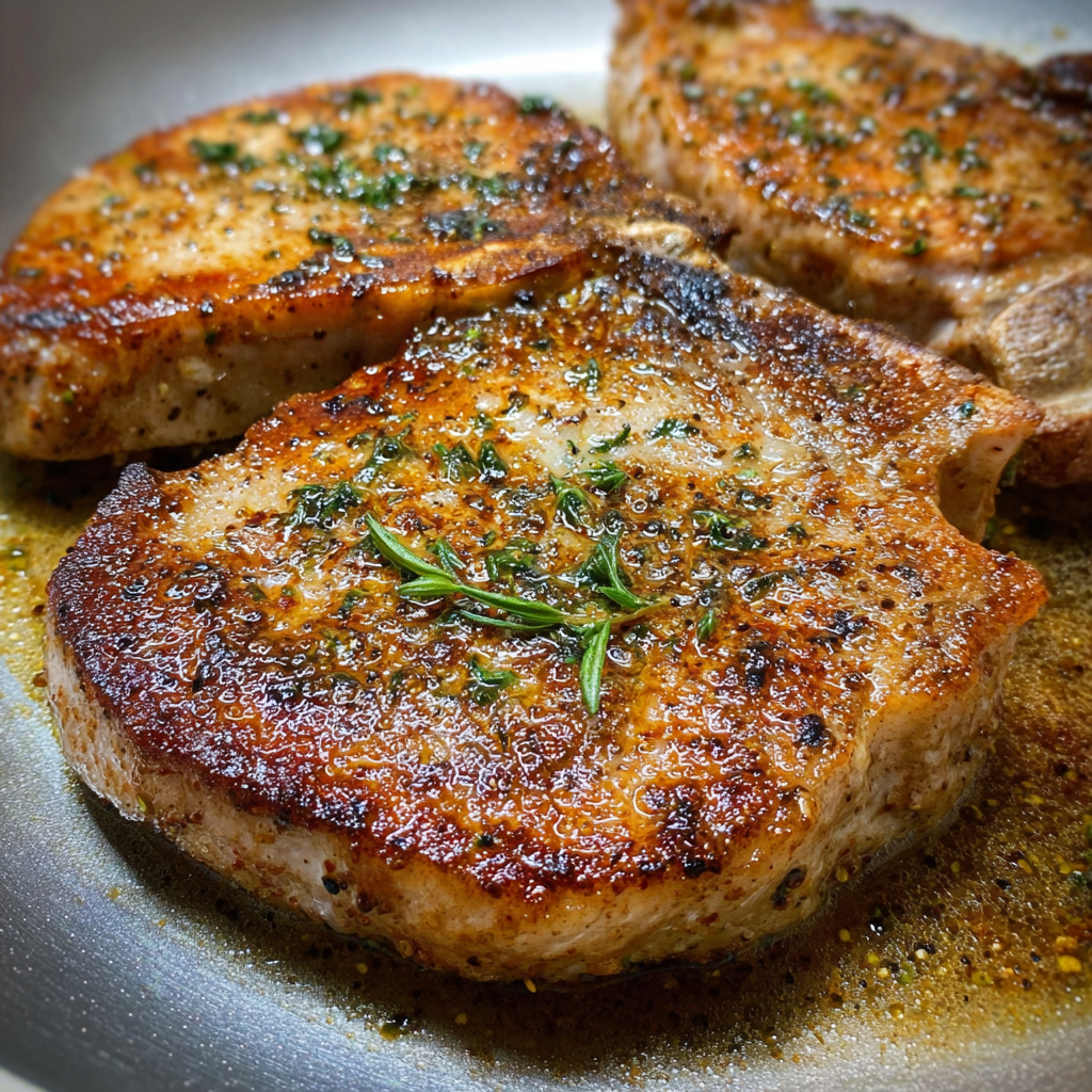 Pan seared pork chops with herbs.