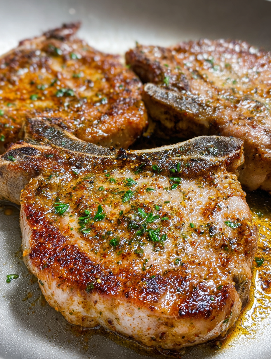 Pan seared pork chops with herbs and spices.