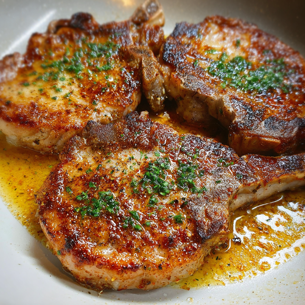 Pan seared pork chops on a plate.