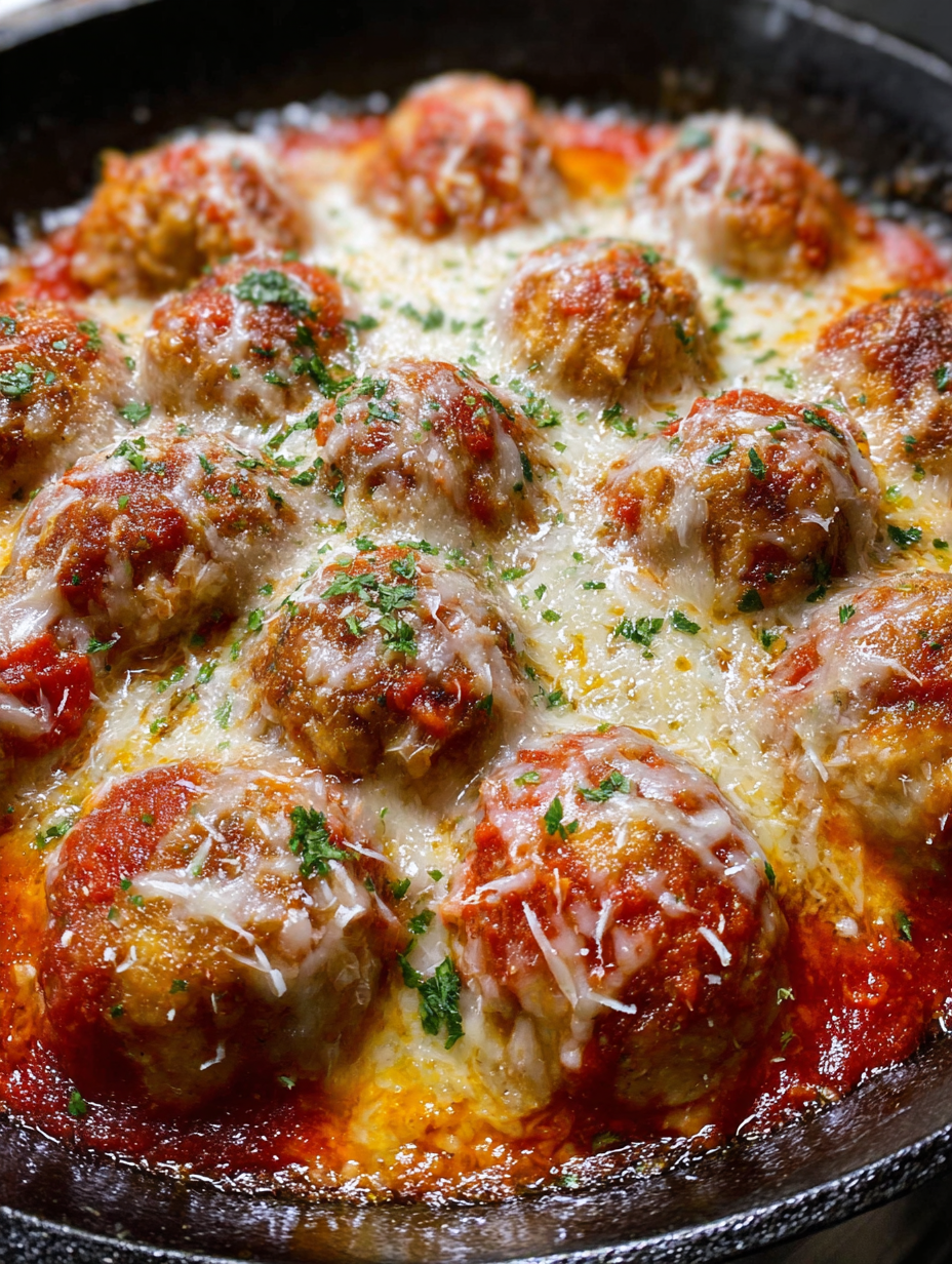 A close up of chicken parmesan meatballs.