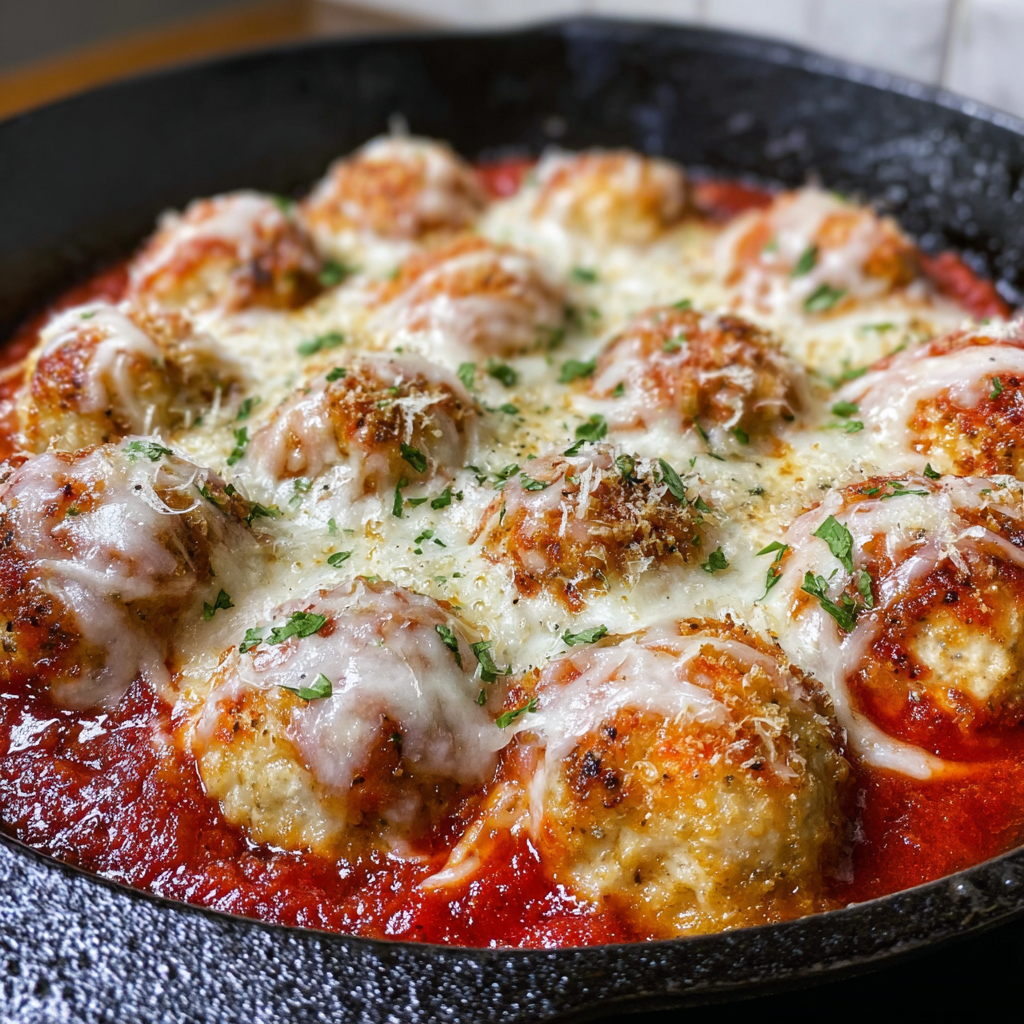 A pan of chicken parmesan meatballs.