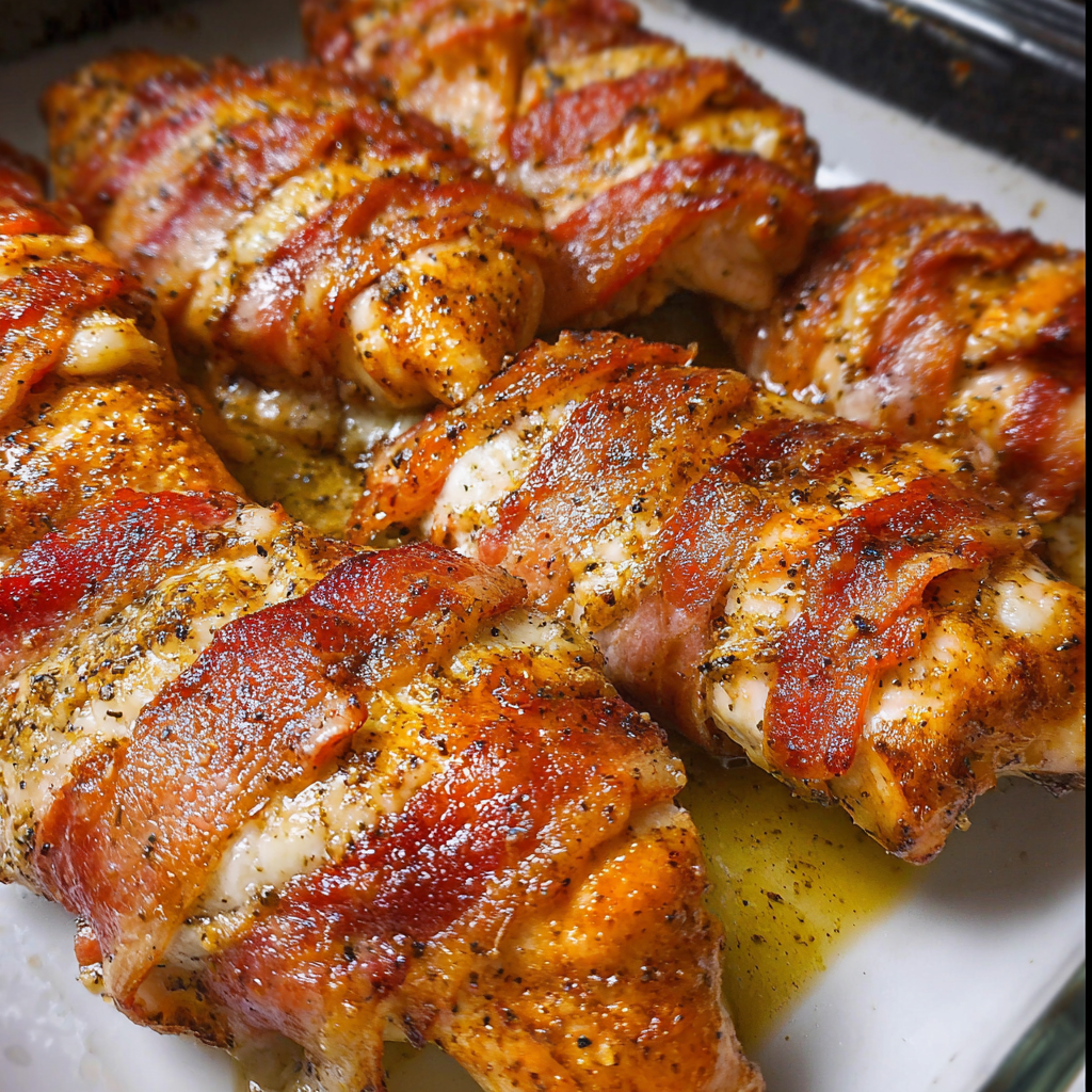 Bacon wrapped garlic parmesan chicken.