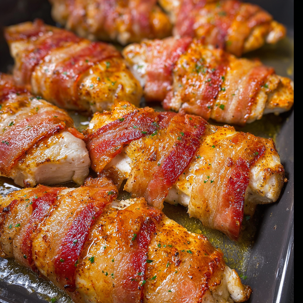 Bacon wrapped garlic parmesan chicken.