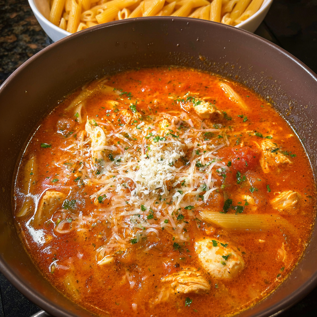 A bowl of chicken Parmesan soup.