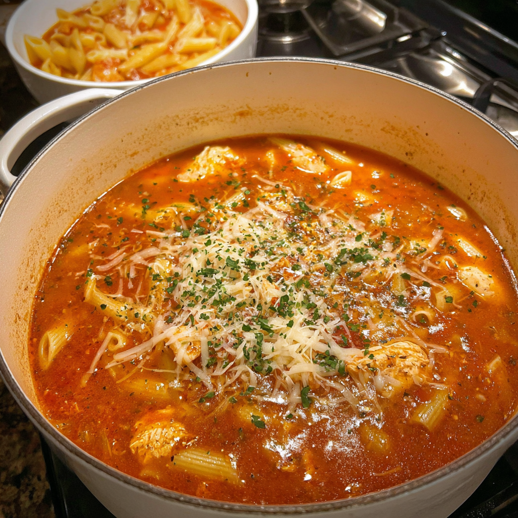 A pot of chicken Parmesan soup.