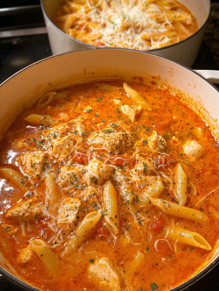 A pot of chicken Parmesan soup.