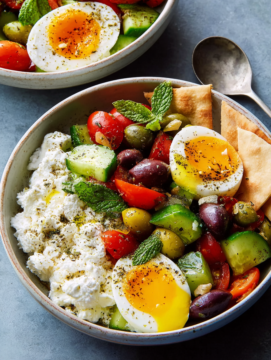 A bowl of Greek salad with cottage cheese and eggs.