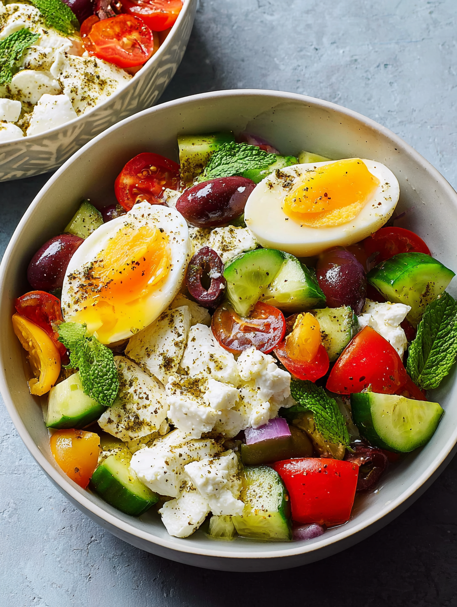 A bowl of Greek salad with cottage cheese.
