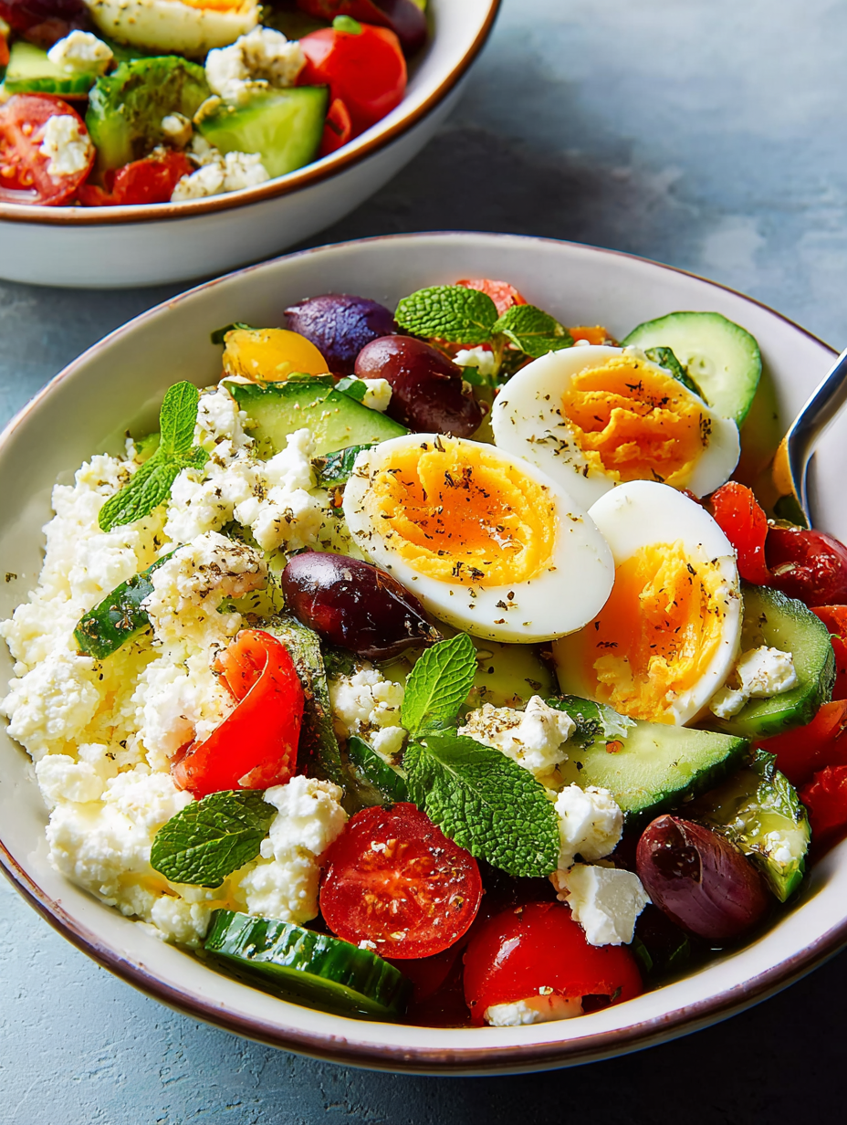 A bowl of Greek salad with cottage cheese.
