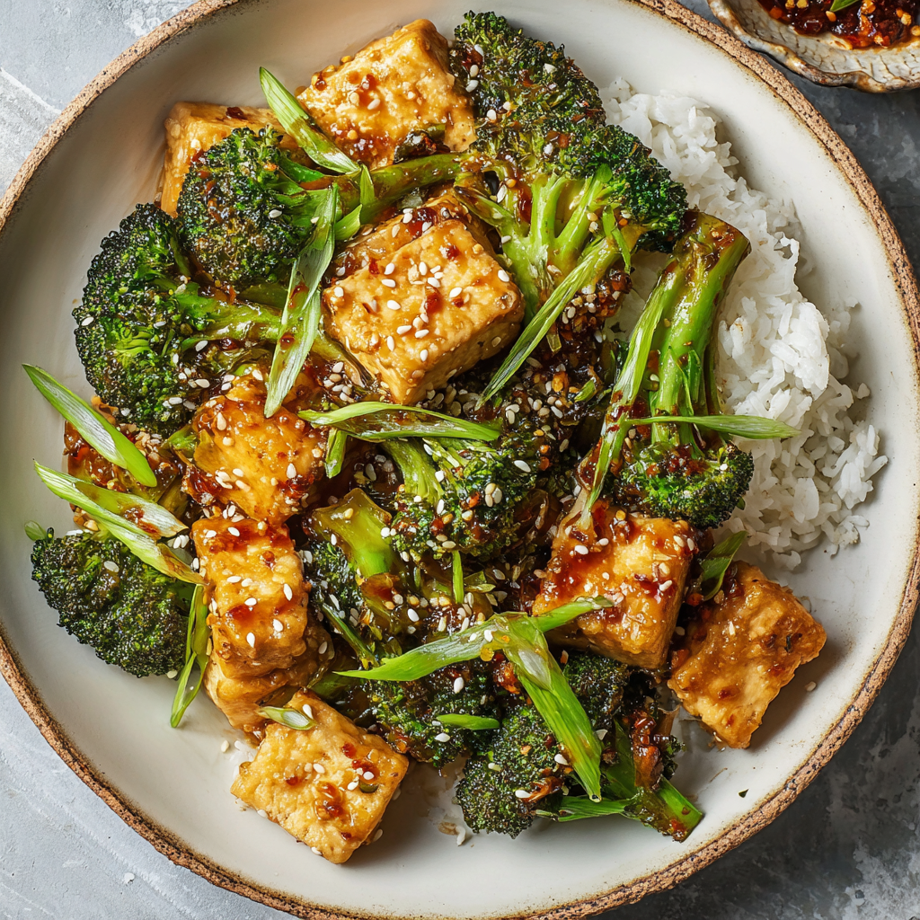 A plate of sesame tofu and broccoli.