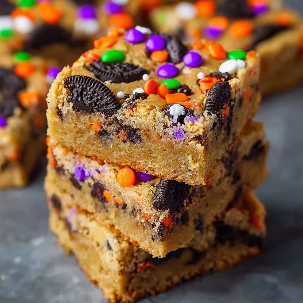 A close up of a peanut butter blondie with chocolate chips and orange candies.
