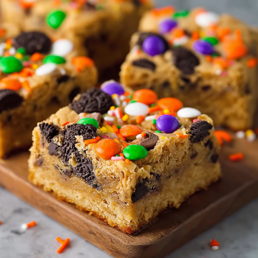 A close up of a peanut butter blondie with chocolate chips and candy corn.