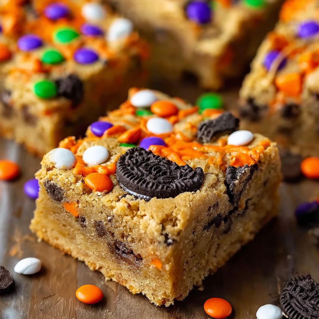 A close up of a peanut butter blondie with chocolate chips and orange and green candies.