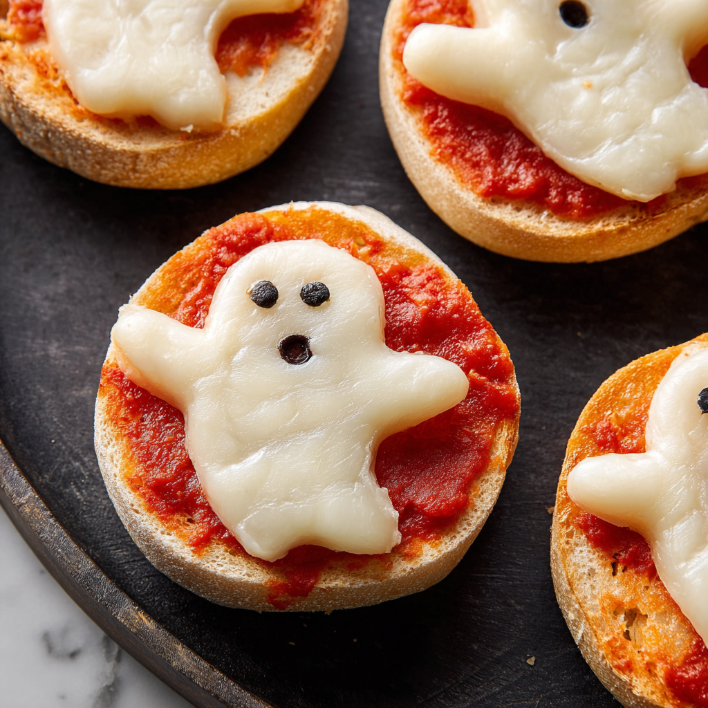 A ghost pizza bagel with cheese and sauce.
