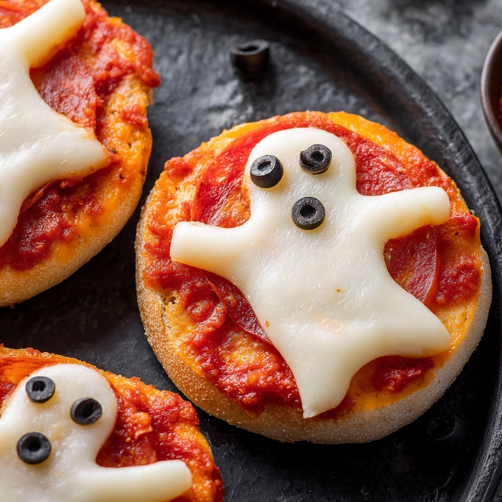 A plate of ghost pizza bagels.