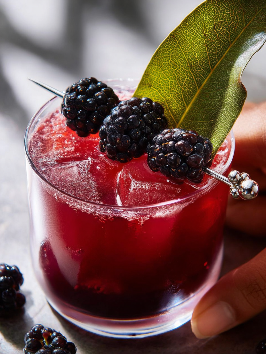 A glass of black widow cocktail with a leaf on top.