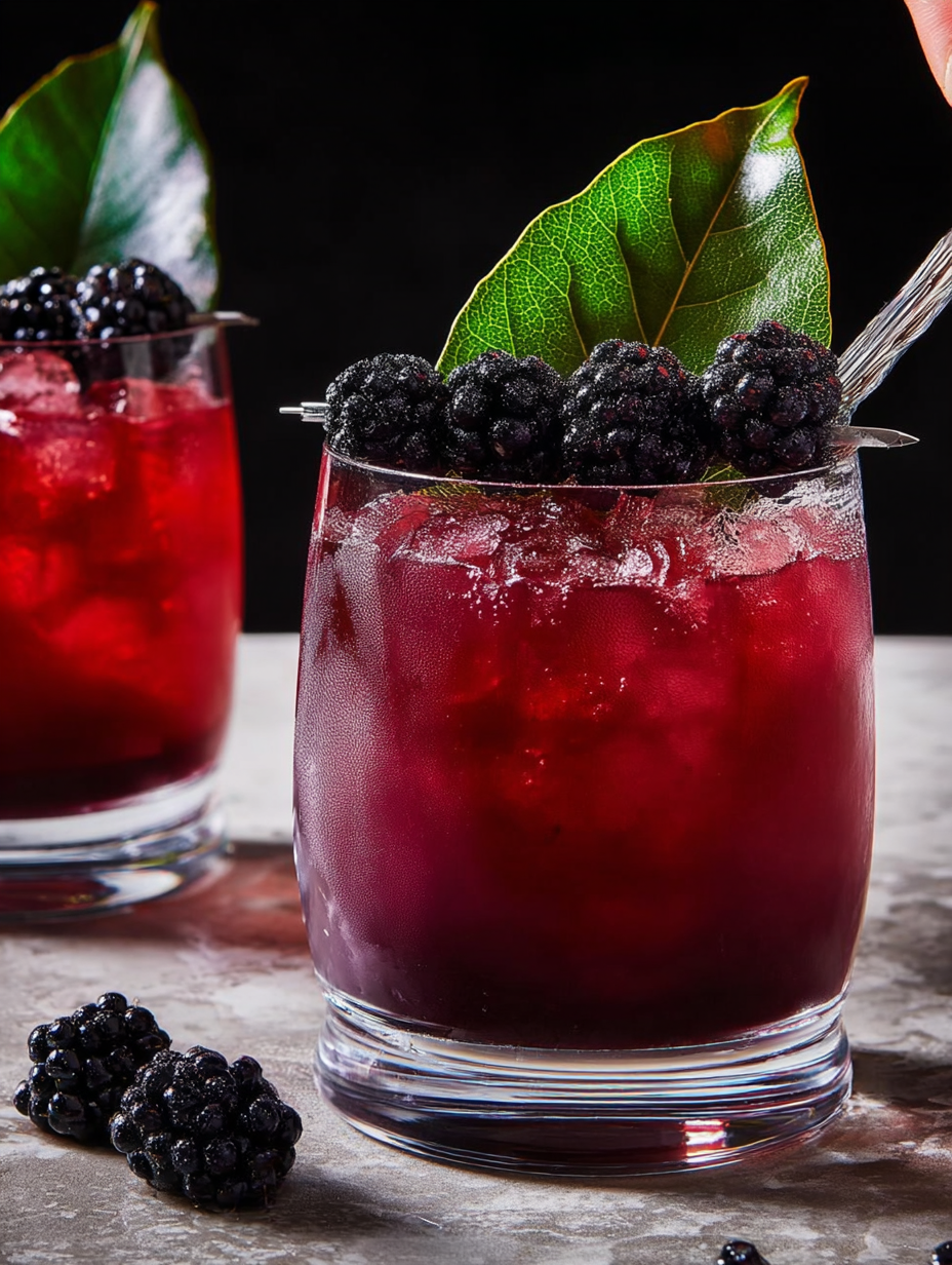 A glass of black widow cocktail with a blackberry garnish.