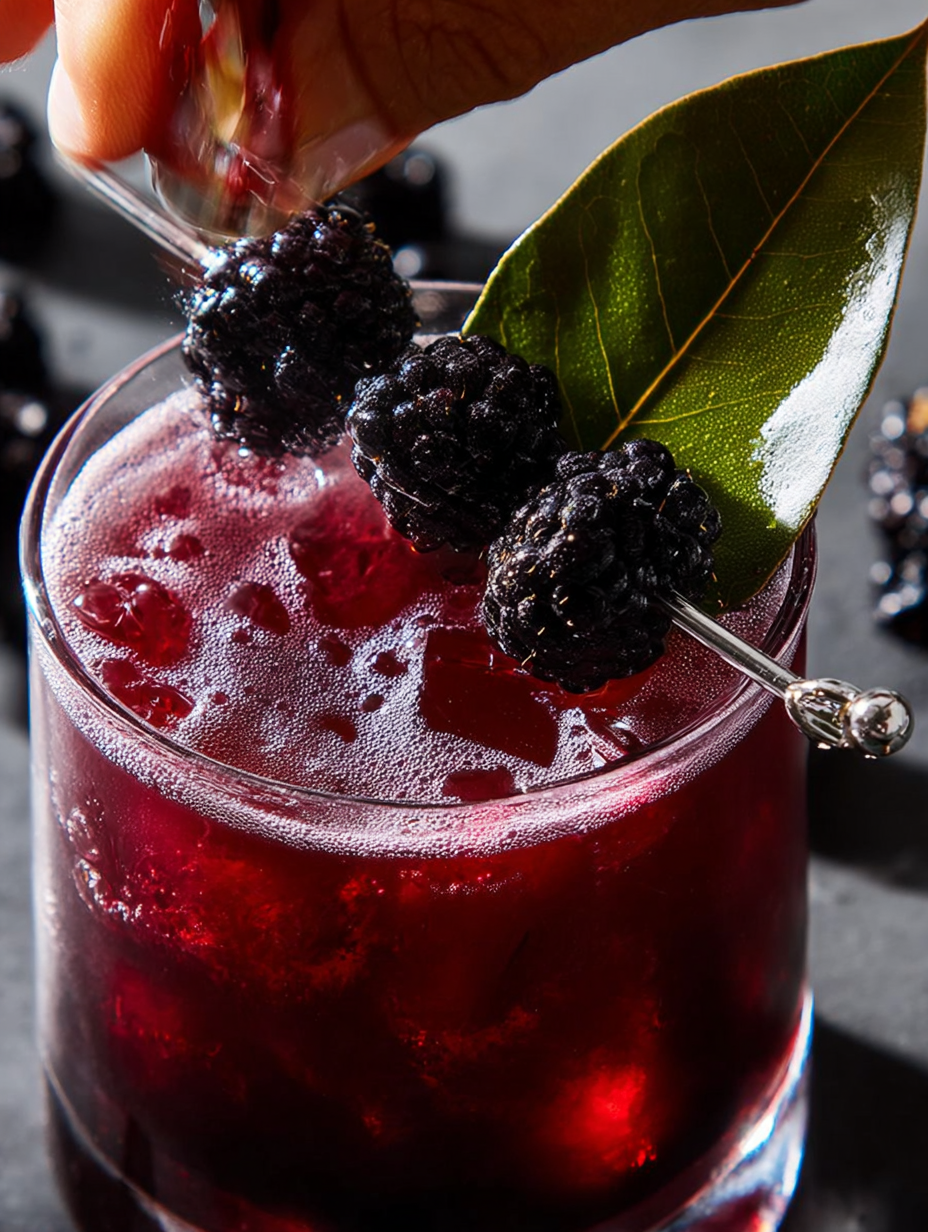 A glass of black widow cocktail with a green leaf.