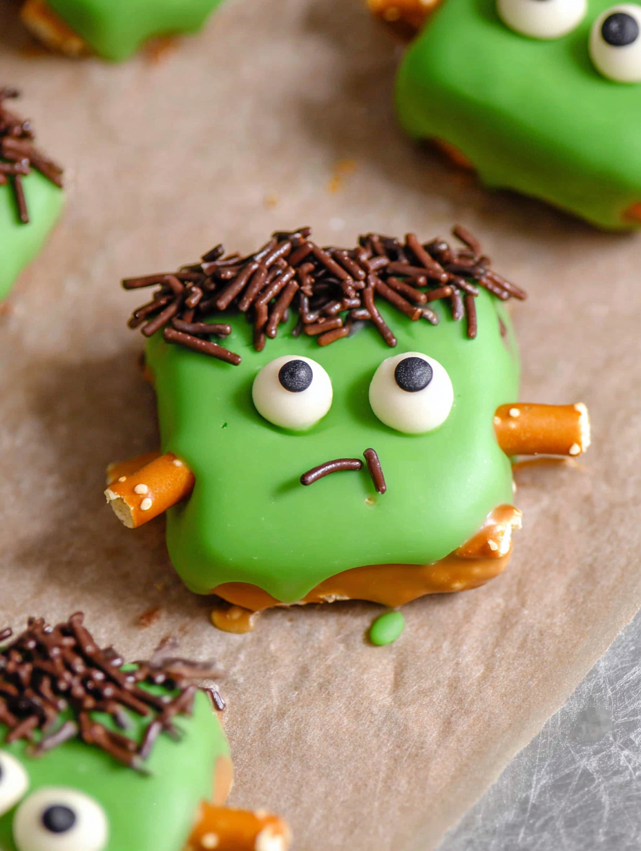 A green Frankenstein pretzel with a sad face.