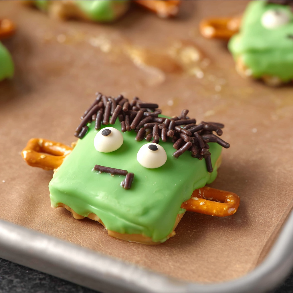 A green Frankenstein pretzel with a face.
