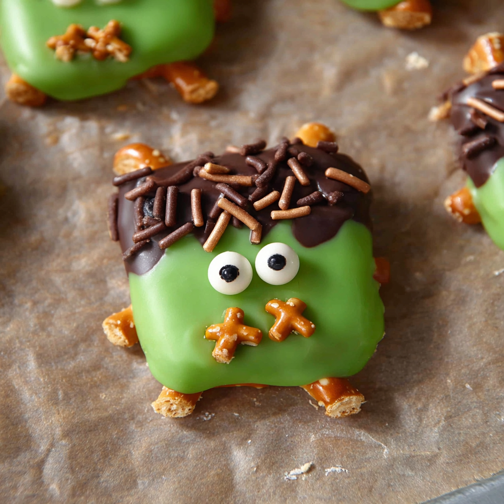Green Frankenstein pretzels with chocolate eyes.