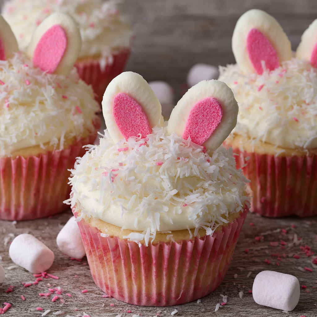 Bunny cupcakes with pink frosting and white powdered sugar.