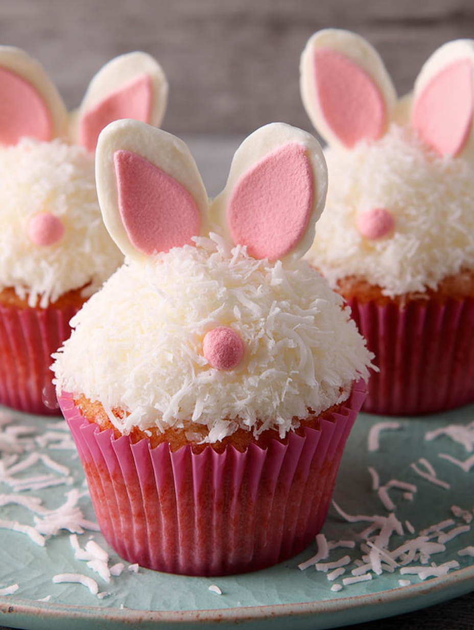 Two bunny cupcakes with white frosting and pink ears.