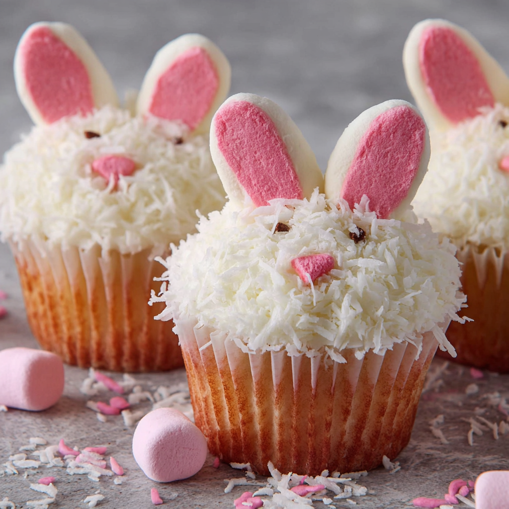 Three bunny cupcakes with pink frosting and white frosting.