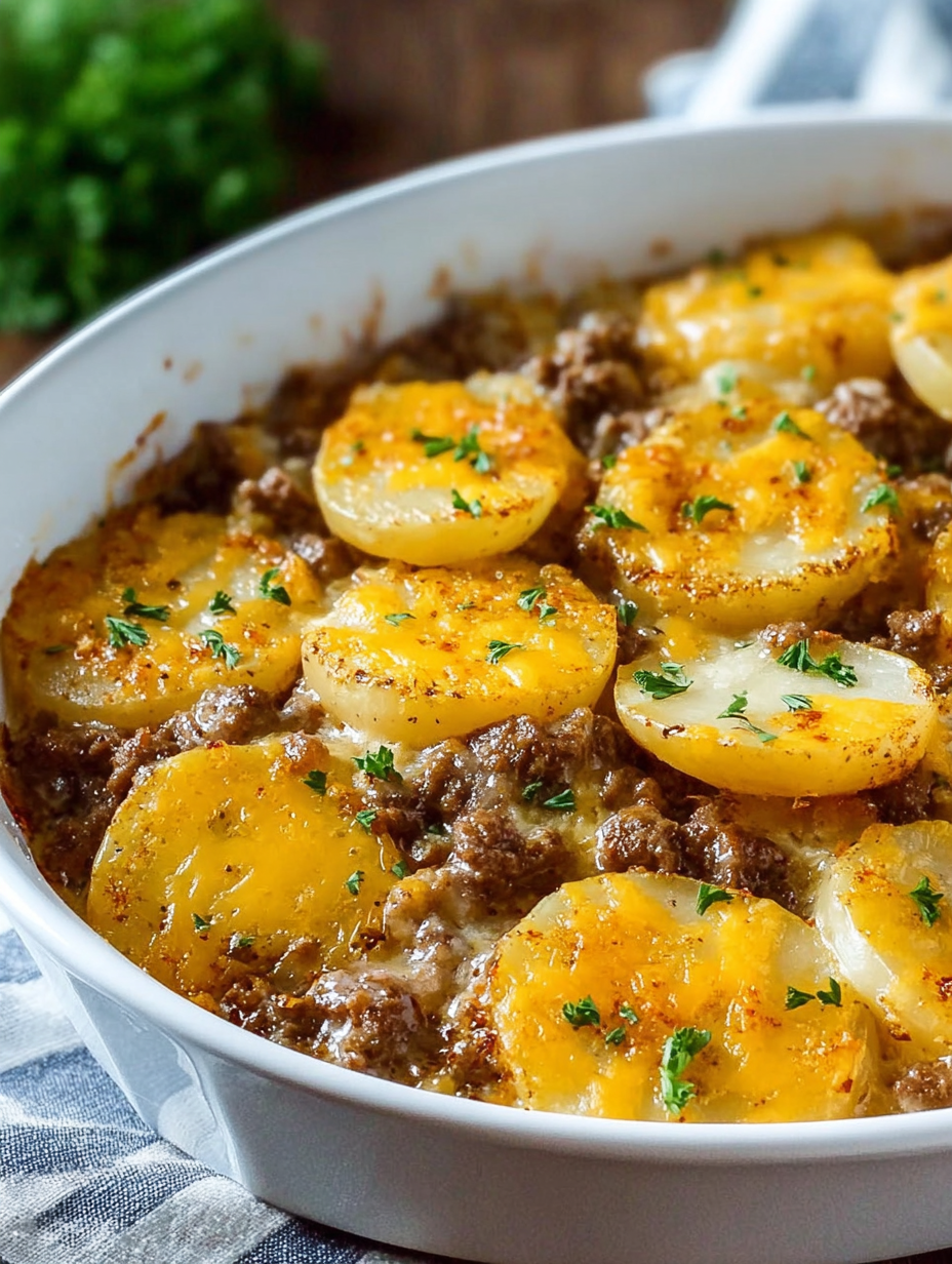 A white bowl filled with a ground beef hobo casserole.