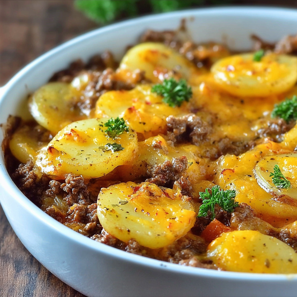 A white bowl filled with ground beef and potatoes.