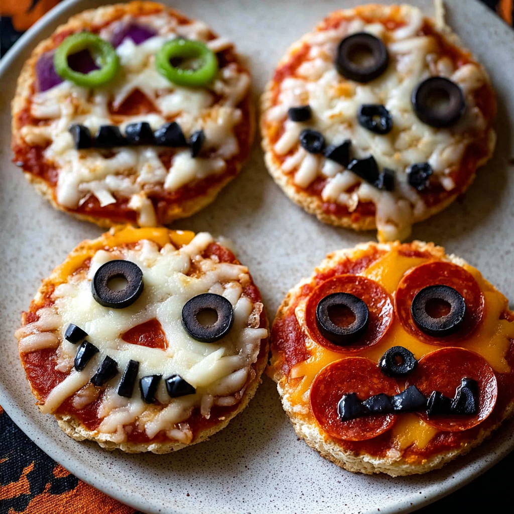 Three mini pizzas with different toppings and a face on each.