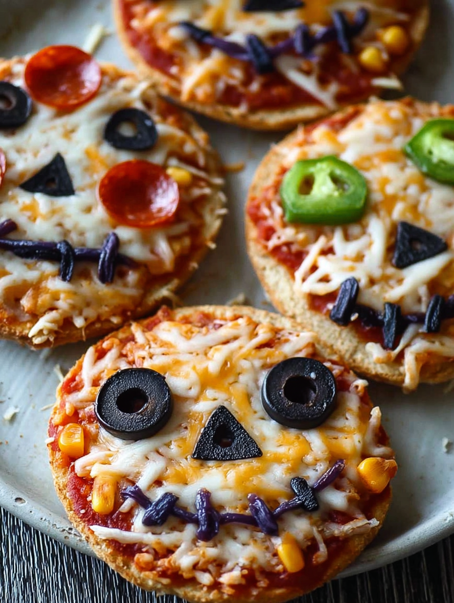 Halloween mini pizzas with black olives and cheese.