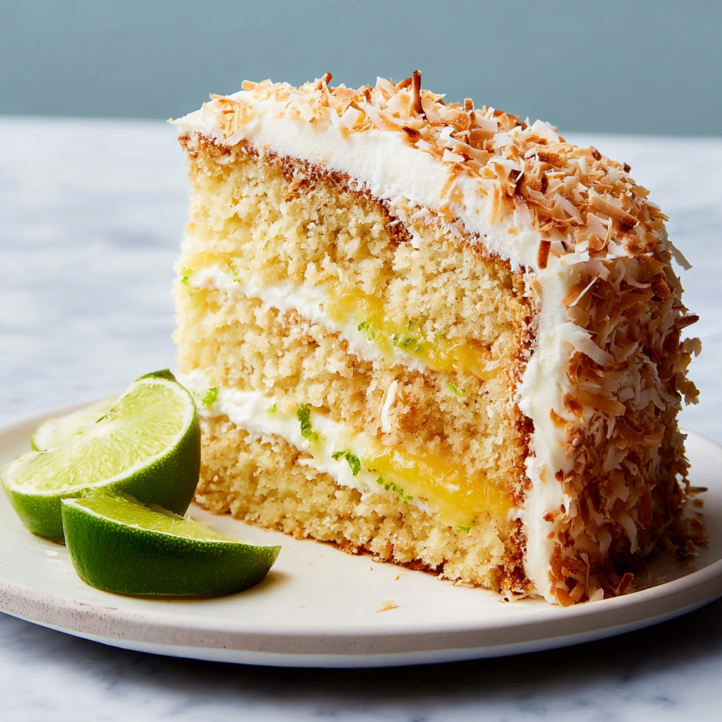 A slice of coconut-lime layer cake.