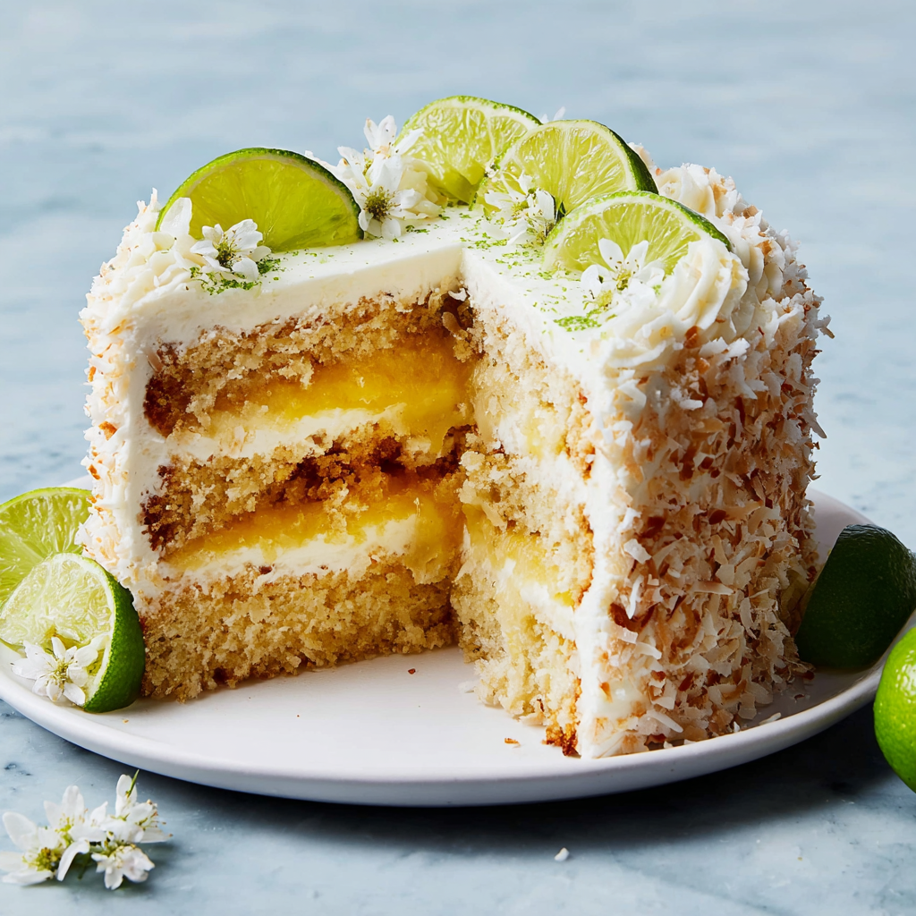 A slice of coconut-lime layer cake.