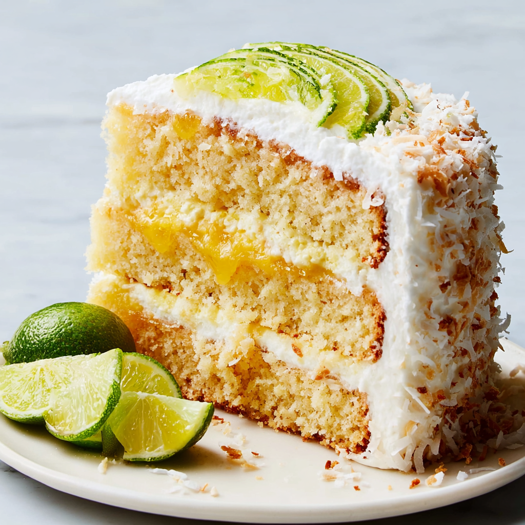 A slice of coconut-lime layer cake.