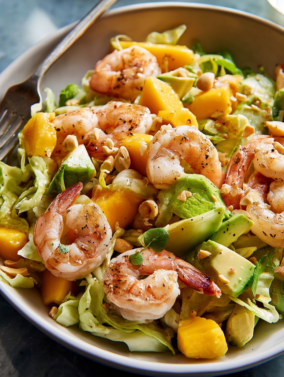 A bowl of shrimp and mango salad.